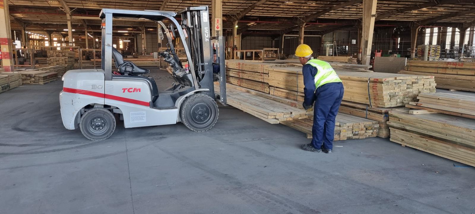 Moving timber stock by forklift