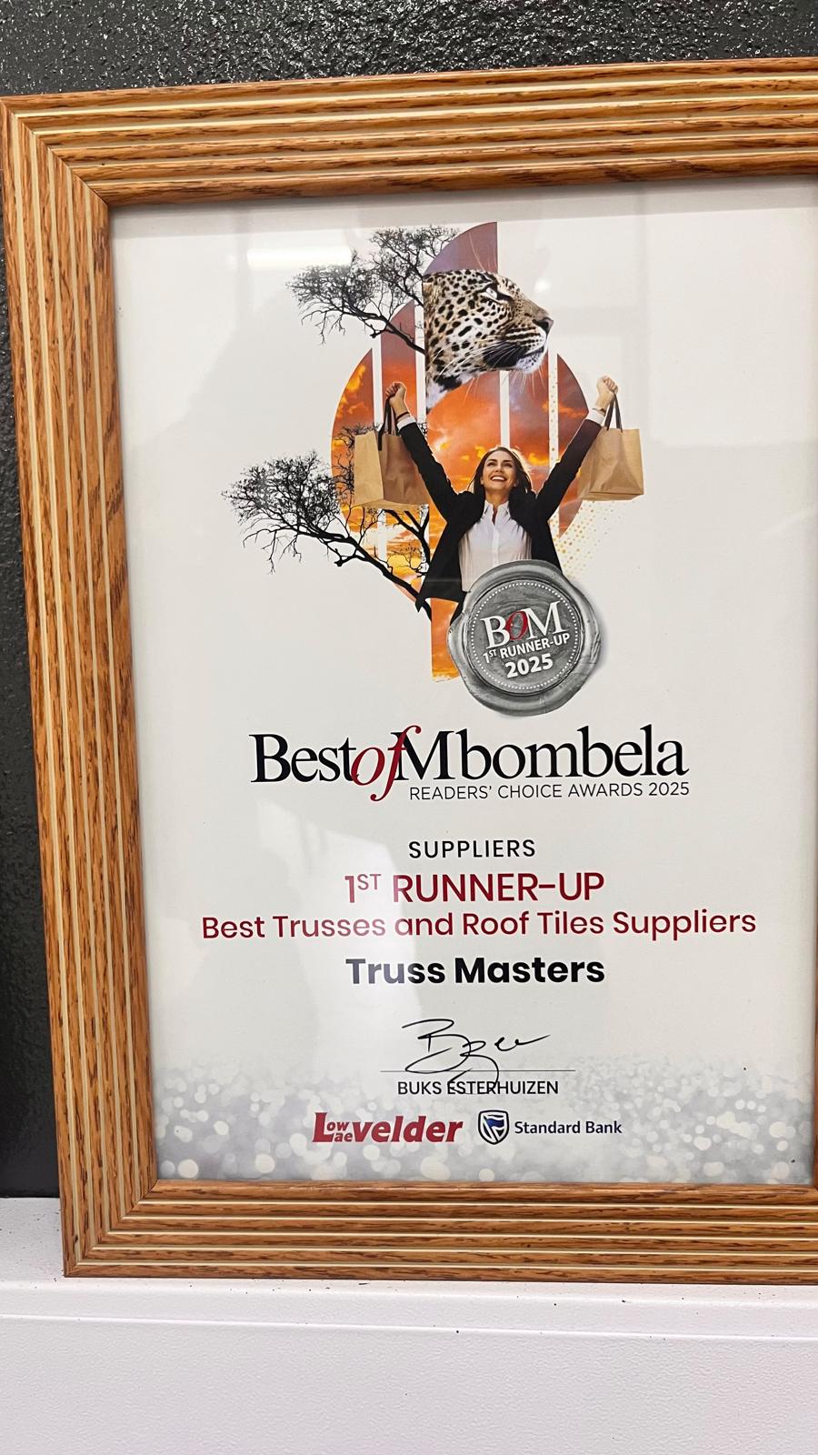 Best of Mbombela award certificate on the office wall