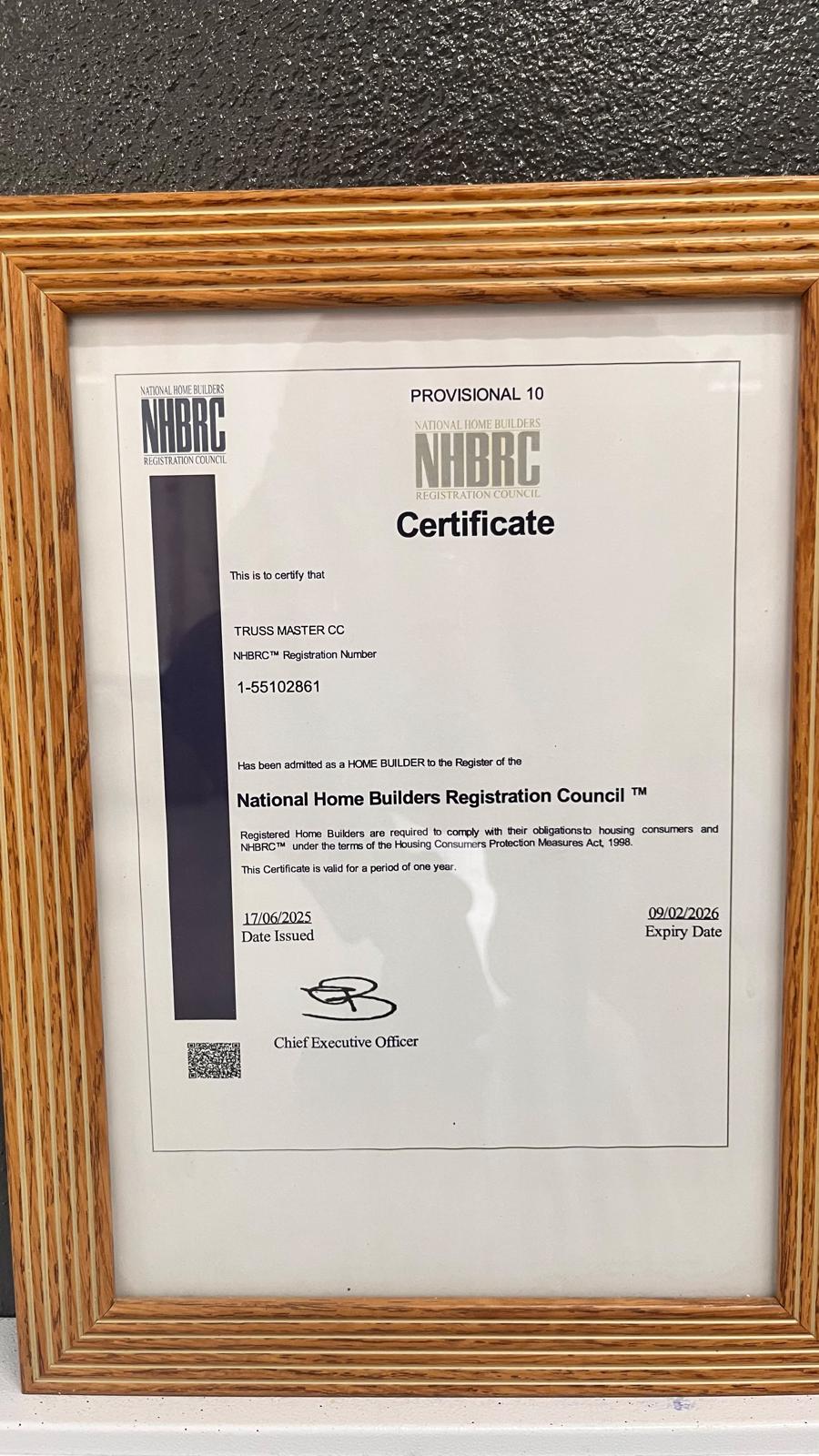 NHBRC certificate at the Mbombela plant